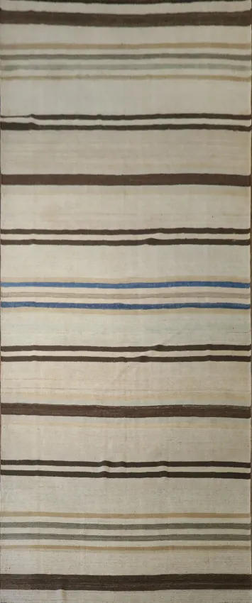 Neutral Tones Striped Flat-Weave Kilim Rug for Modern Minimalist Interiors 4x16 ft