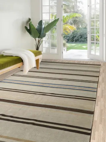 Neutral Tones Striped Flat-Weave Kilim Rug for Modern Minimalist Interiors 4x16 ft