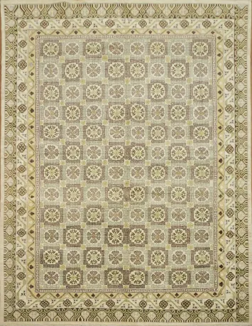 Classic Beige and Green Khotan Rug with Geometric Patterns 9x11