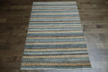 Elegant Stripes: Blue and Neutral Toned Artistic Rug 6x8