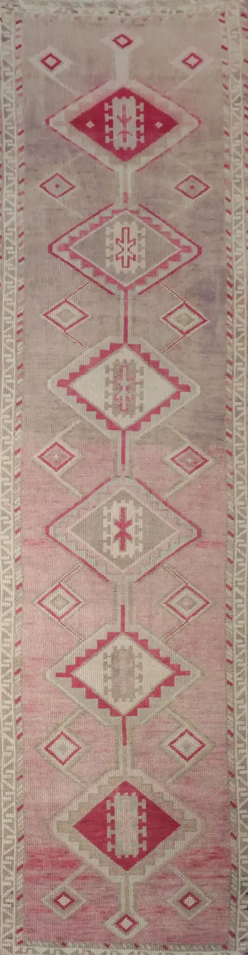 Vintage-Inspired Turkish Tribal Runner Rug in Soft Pink Tones 3x10 ft