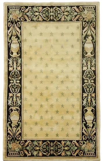 Intricate Floral Border: Classic Beige and Dark Rug Design 6x9