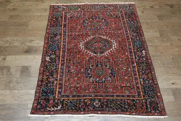 Vibrant Geometric Tribal Red Gharajeh Persian Rug with Intricate Border Design 5x6