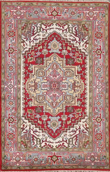 Red Handmade Heriz Serapi Oriental Wool Rug 4x6