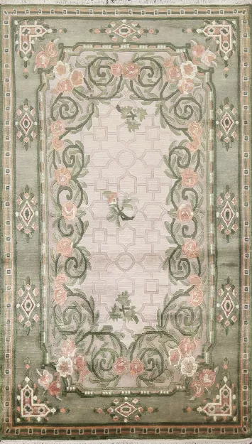 Beige & Green Nepalese Oriental Area Rug 4x6