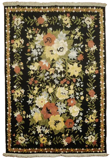 Lush Garden Vibes: Colorful Flowers Adorn Black Aubusson Area Rug 6x8 ft