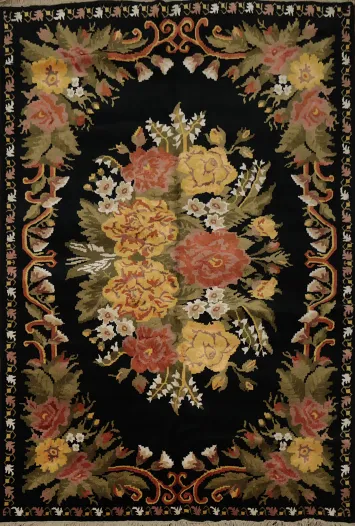 Floral Decor Aubusson Vegetable Dye Rug 6x8 with Sophisticated Black Base