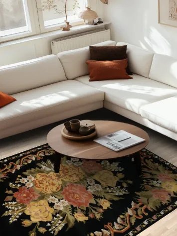 Floral Decor Aubusson Vegetable Dye Rug 6x8 with Sophisticated Black Base