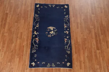 Blue Antique Art Deco Chinese Rug with Subtle Floral Pattern and Rich Details 3x6