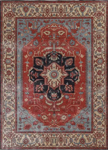 Geometric Handmade Heriz Serapi Wool Turkish Rug 8x10