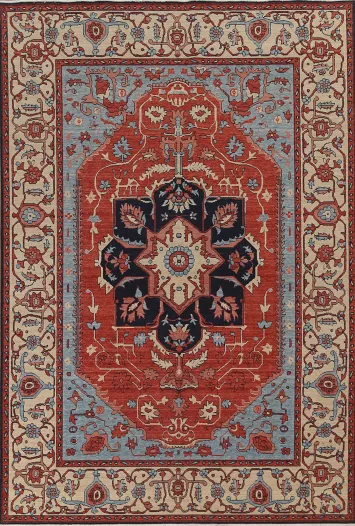 Geometric Handmade Heriz Serapi Wool Turkish Rug 7x10
