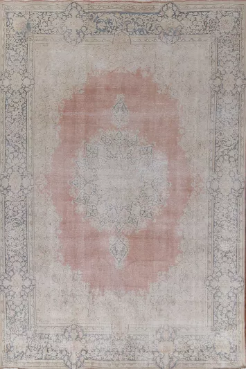 Geometric Distressed Wool Kerman Persian Area Rug 10x13