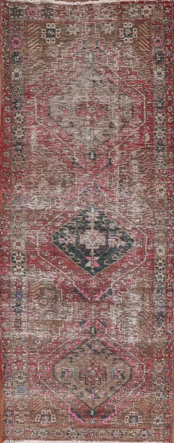 Artfully Distressed Runner Rug with Bold Red and Earthy Motifs 4x10