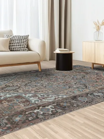 Geometric Coral and Blue Heriz Persian Area Rug 8x11