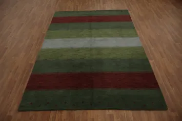 Luxurious Striped Green and Red Gabbeh Rug Blending Rich Colors Seamlessly 7x10