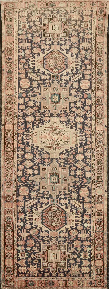 Vintage Geometric Tribal Navy Blue and Pink Gharajeh Persian Runner 4x10 ft