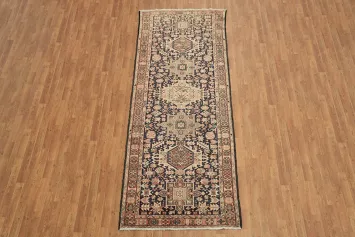 Vintage Geometric Tribal Navy Blue and Pink Gharajeh Persian Runner 4x10 ft