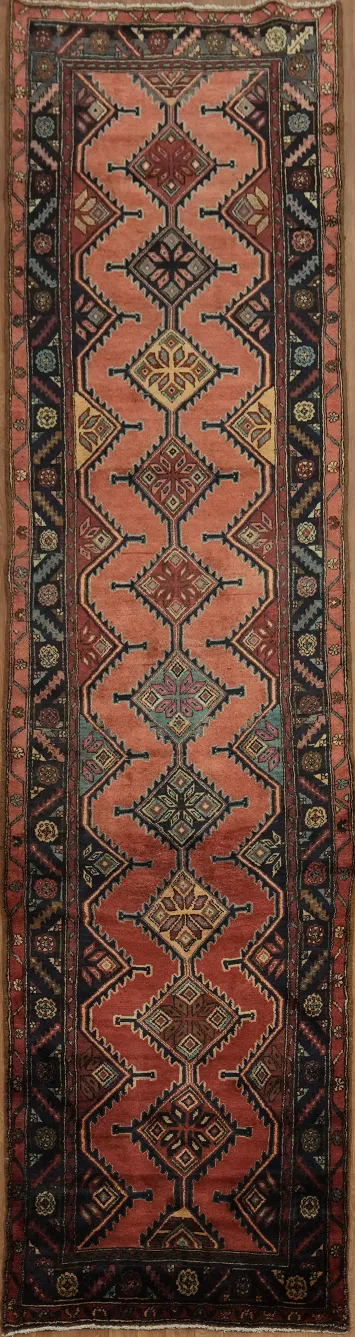 Vintage Geometric Hamedan Runner Rug with Rich Earthy Tones 3x12