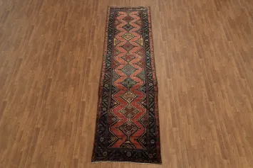 Vintage Geometric Hamedan Runner Rug with Rich Earthy Tones 3x12