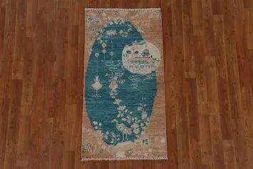 Vegetable Dye Pictorial Oushak Turkish Wool Rug 2x4