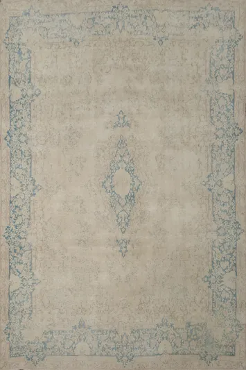 Charming Kerman Persian Area Rug 10x13 in Neutral Tones with Blue Highlights
