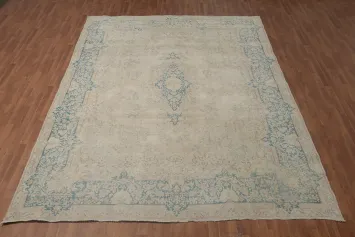 Charming Kerman Persian Area Rug 10x13 in Neutral Tones with Blue Highlights