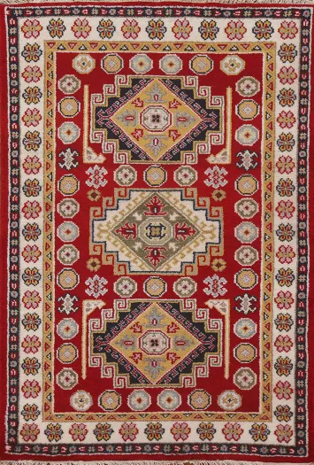 Red Geometric Kazak Oriental Area Rug 4x6