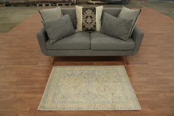 Muted Peach and Blue Oushak Turkish Rug 3x4