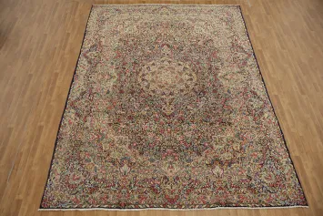 Traditional navy Blue Red and Pink Kerman Persian Rug in Warm Colors 10x13