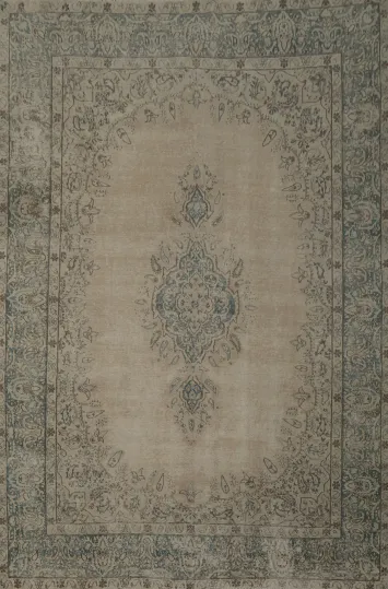 Traditional Distressed Kerman Persian Rug in Muted Beige and Blue Palette 9x12