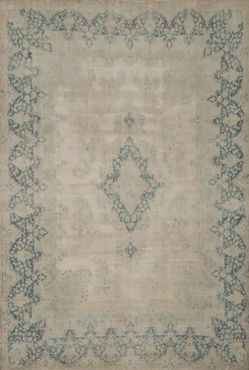 Distressed Blue and Beige Kerman Persian Rug with Pink Undertone 10x13