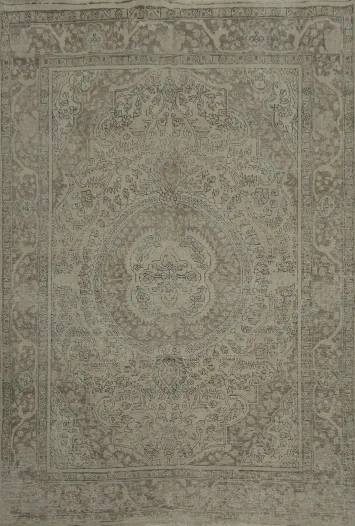 Geometric Muted Beige Tan Distressed Tabriz Persian Area Rug 7x9