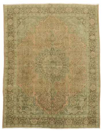 Vintage Distressed Persian Area Rug in Muted Green and Coral Pink Tones 10'x13'