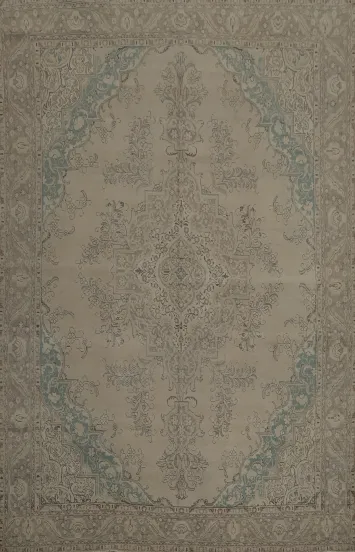 Elegant Beige Tabriz Persian Rug with Intricate Blue Border Design 10x13