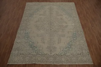 Elegant Beige Tabriz Persian Rug with Intricate Blue Border Design 10x13