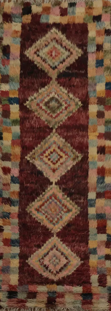 Burgundy Red Moroccan Berber Runner Rug 3x10