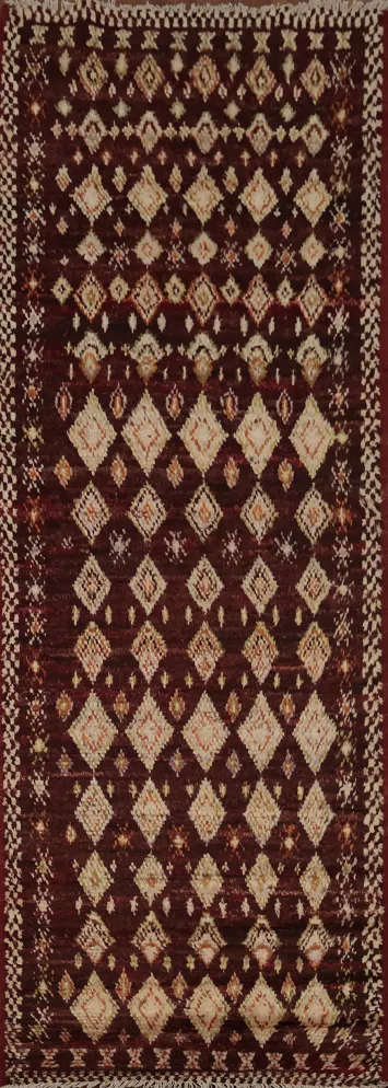 Vibrant Moroccan Runner Rug 3x10 in Deep Burgundy and Cream Tones