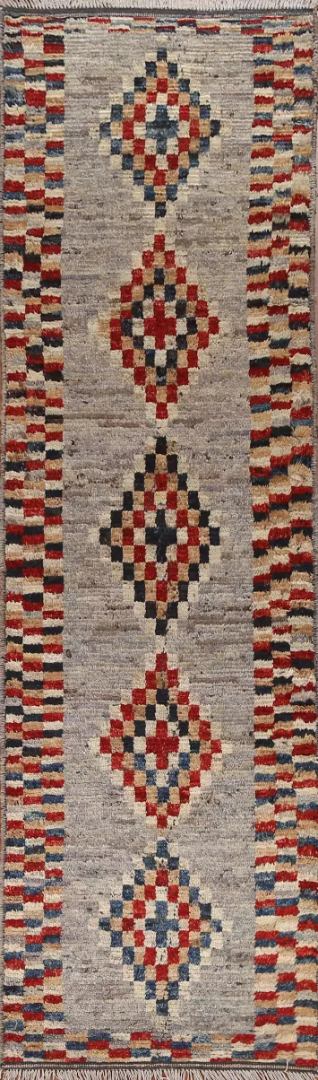 Wool Moroccan Checkered Runner Rug 3x10
