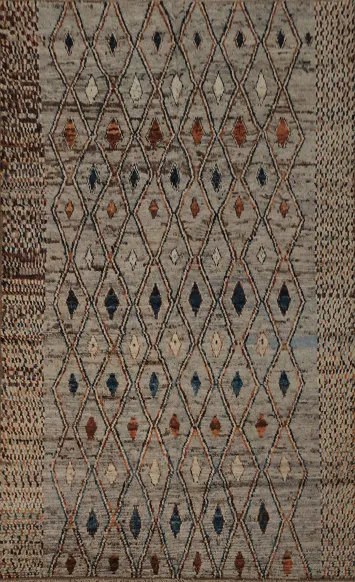 Chic Moroccan Wool Area Rug 7x9 with Intricate Diamond Motif Design