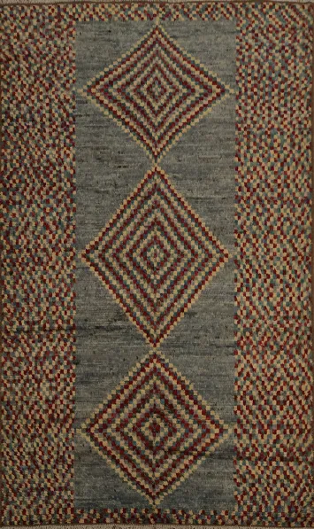 Grey Moroccan Wool Area Rug 6x10 with Multi-Color Diamond Patterns