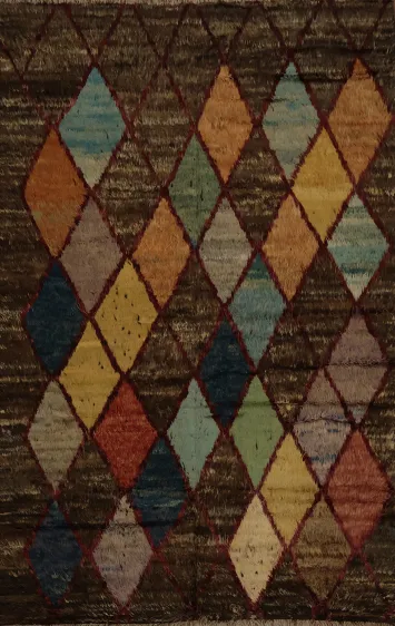 Contemporary Brown Moroccan Area Rug 7x9 with Bold Diamond Motifs