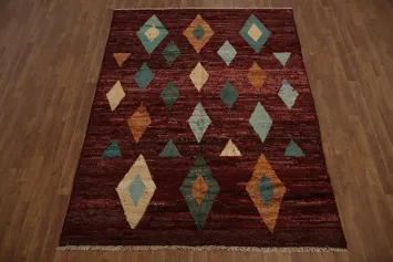 Moroccan Area Rug 6x8 with Rich Burgundy and Geometric Shapes