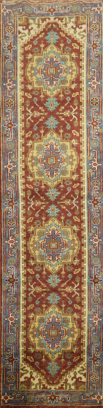 Red Wool Heriz Serapi Oriental Runner Rug 3x10