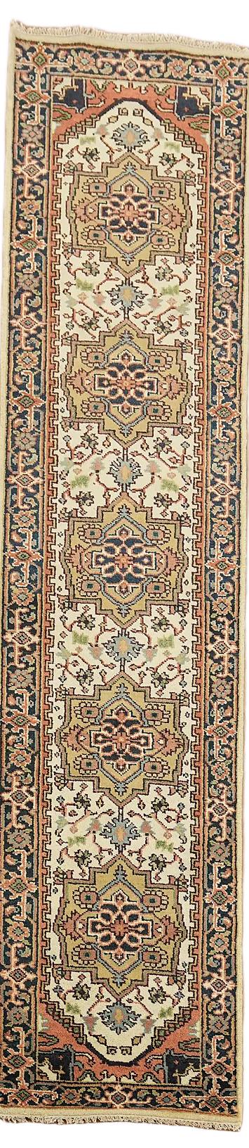 Geometric Heriz Serapi Ivory Runner Rug 3x12
