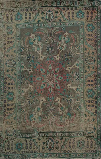 Ornate Medallion Distressed Persian Rug in Teal and Red Tones for Timeless Charm 4x6