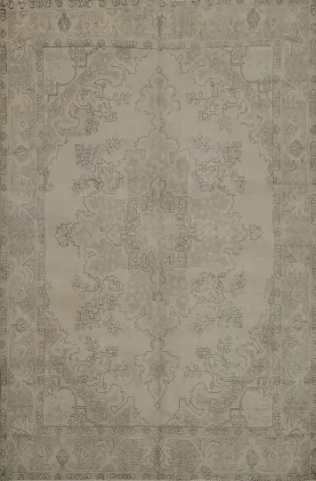 Refined Distressed Beige Vintage-Style Rug with Ornamental Details 7x10