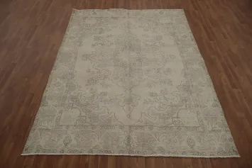 Refined Distressed Beige Vintage-Style Rug with Ornamental Details 7x10