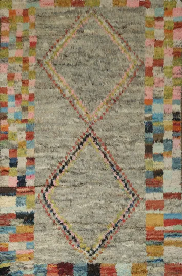 Colorful Geometric Patterned Grey Moroccan Wool Rug with Mosaic Border 6x10
