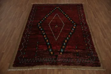 Moroccan Area Rug 7x10 with Deep Red and Dynamic Diamond Motif