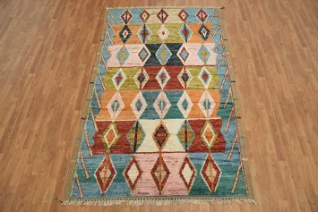 Vibrant Geometric Pattern Moroccan Rug with Multicolor Diamond Motifs 5x9